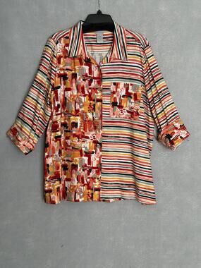 Multiples Collage Print Top Button Front in Sand Stone Women's 1X NEW